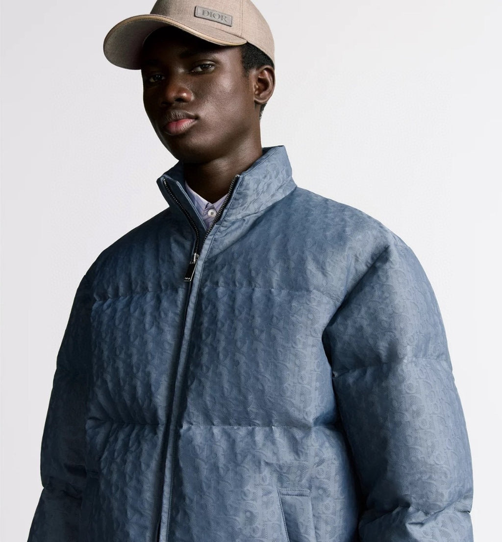 Dior Men's Fall And Winter Blue Dark Logo Print Lapel Single Breasted Long Sleeved Puffer Down Jacket #74511