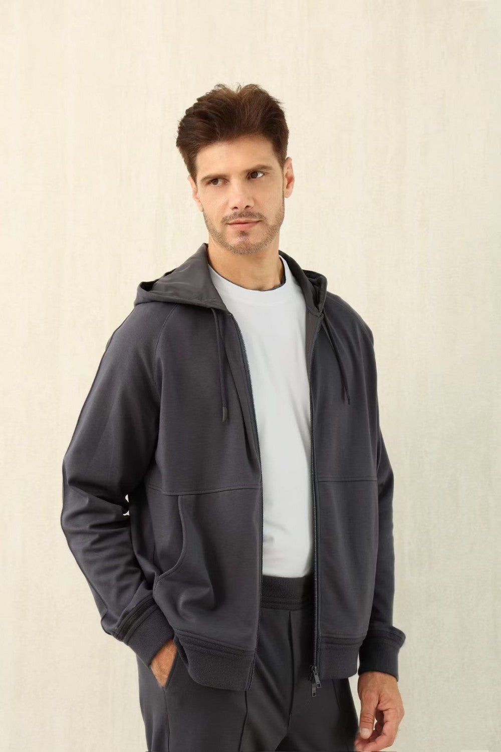 Ermenegildo Zegna Men's Spring/Fall Zipper Drawstring Hoodie Sweatshirt & Solid-Color Casual Pants Suit Set Ngvp #2352