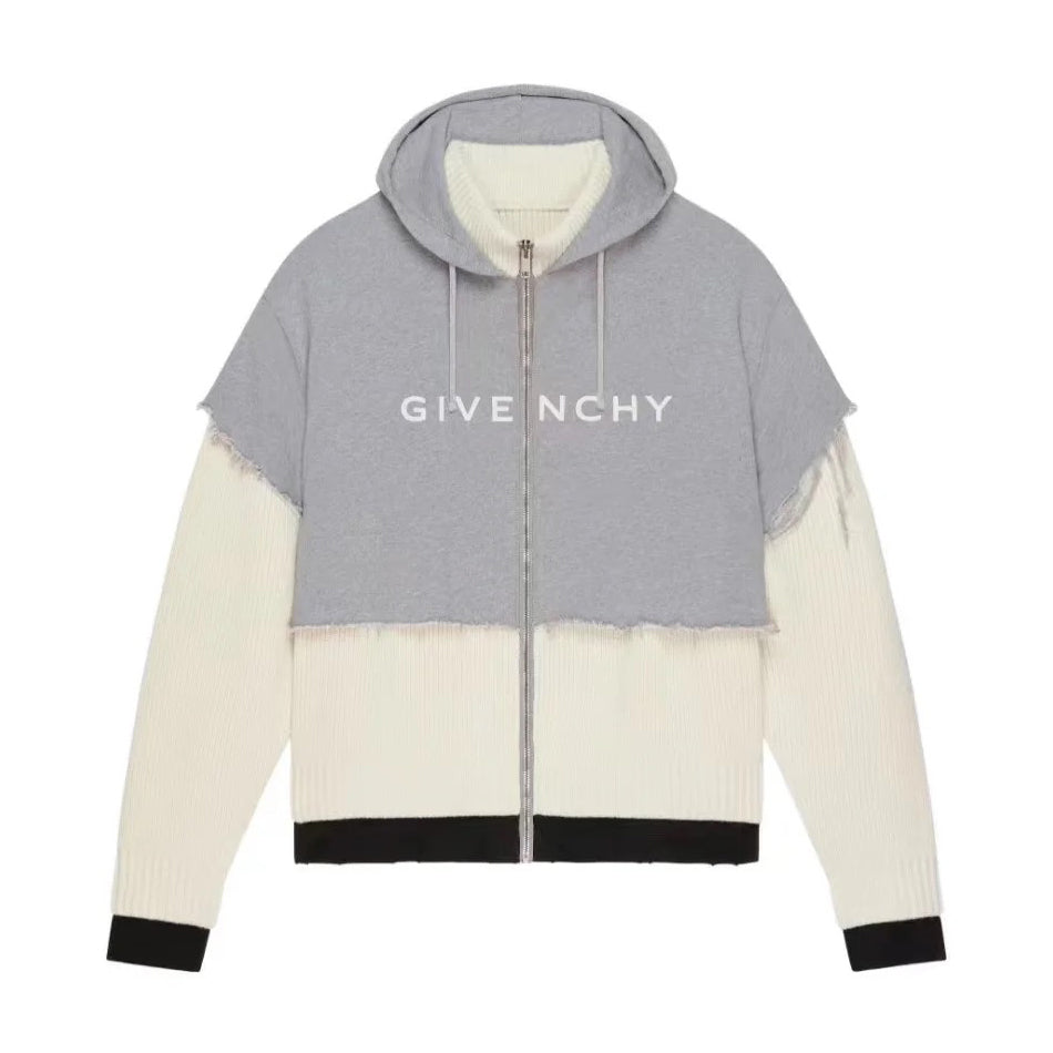 Givenchy Men's Patchwork Fake Two Piece Straight Long Sleeve Hooded Sweatshirt Zipper Jacket #97324