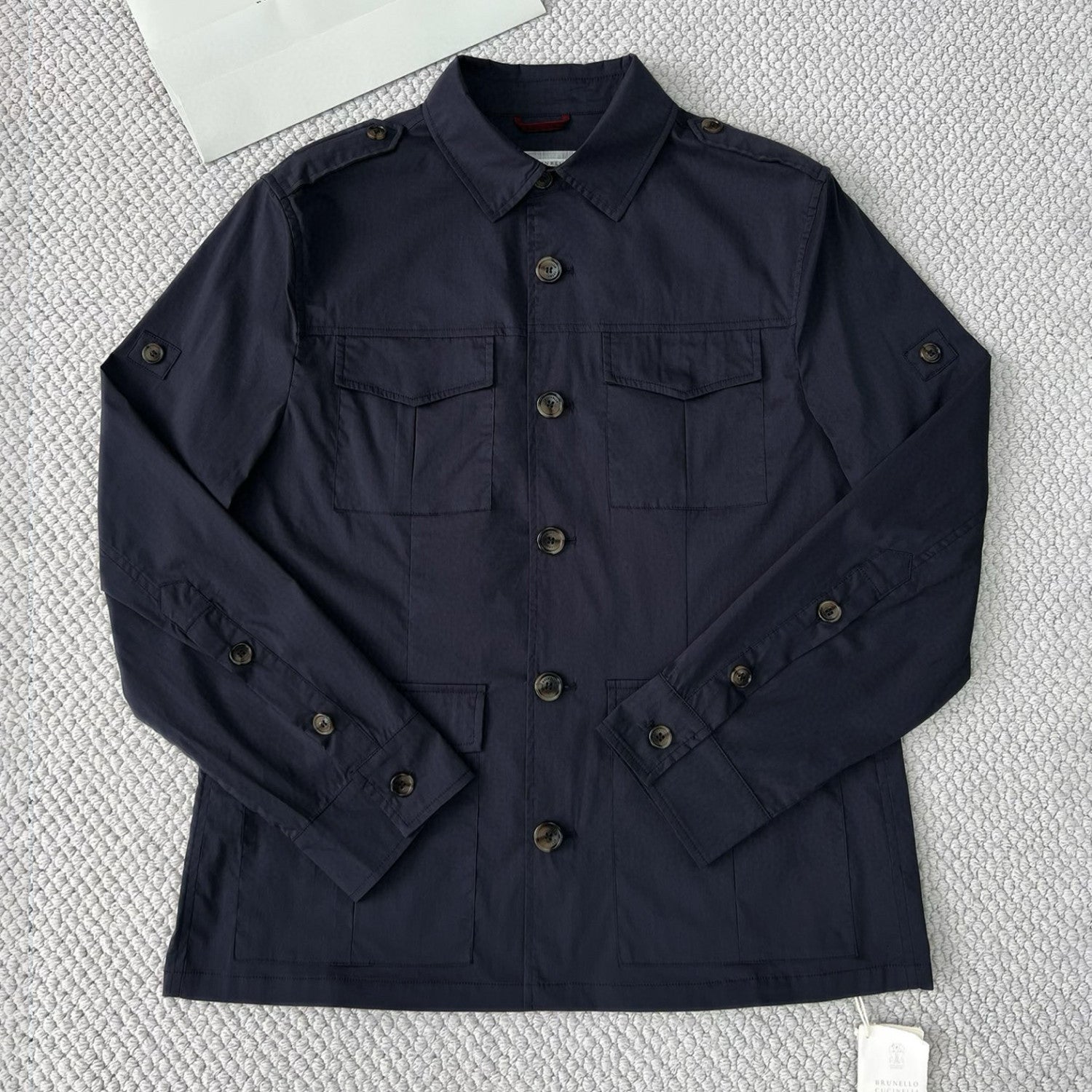 Brunello Cucinelli Men's Spring & Fall Lightweight Water-Resistant Techno Cotton Unlined Safari Jacket Solid Color Lapel Single Breasted Shirt Style Jacket Ngvp #1946