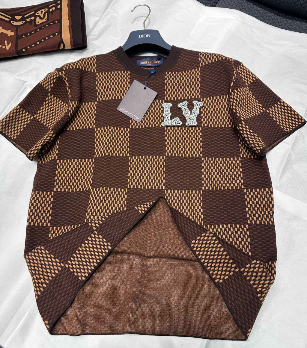 Louis Vuitton Men's Summer Brown DAMIER LV Faux Crystal Logo Checkerboard Cotton Short Sleeve Round Neck T-Shirt #98212