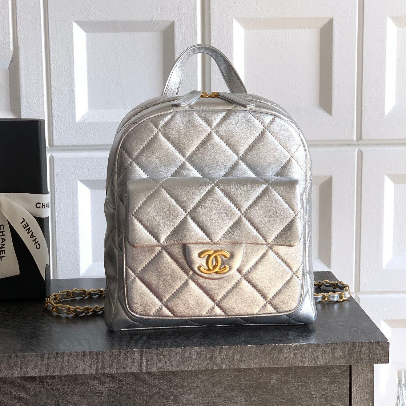 Chanel Women's Fashion Classic Solid Color Double Zip Leather Logo Backpack With Chain Straps Bag Bags AS5793-B22082-94305 #79454