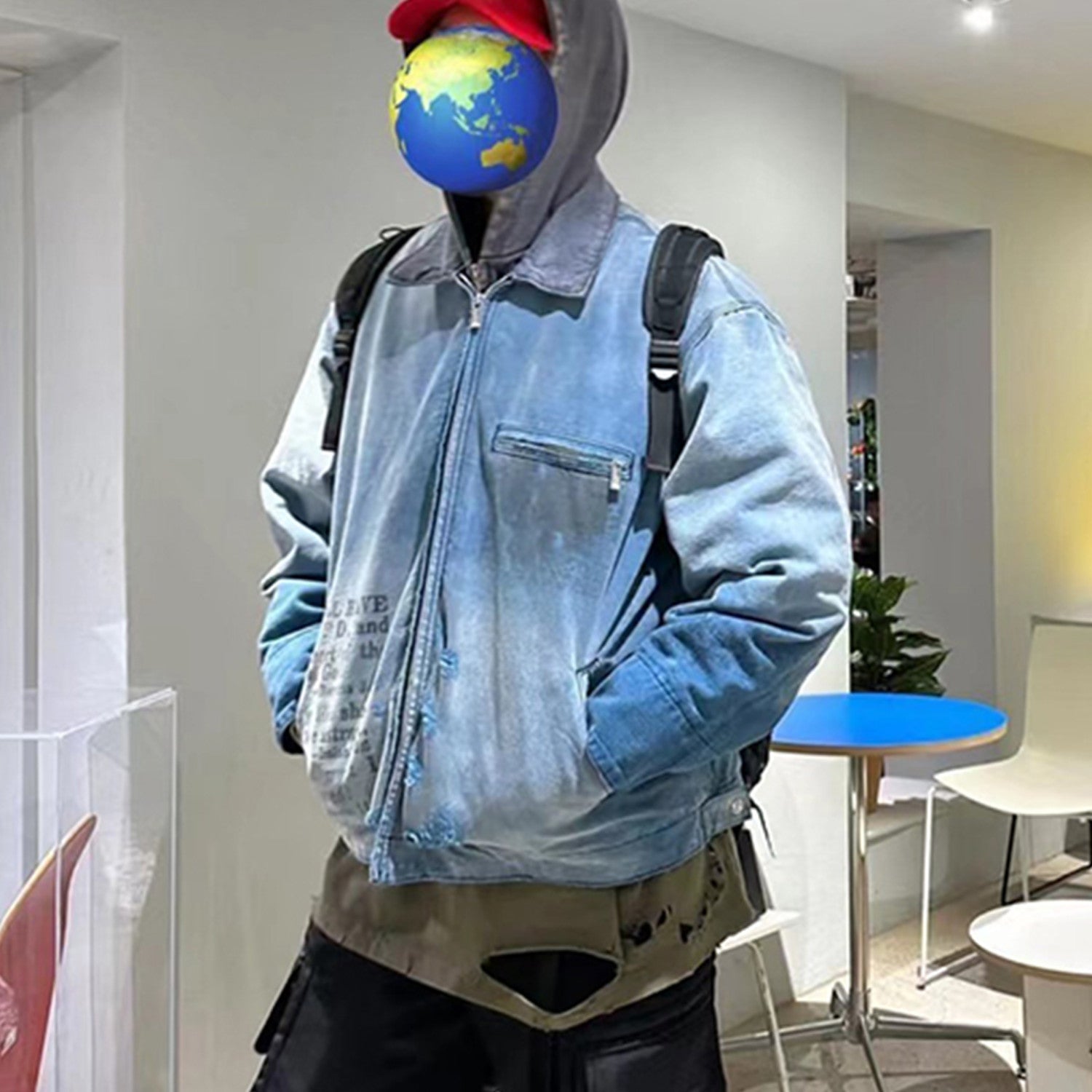 Enfants Riches Deprimes Men's Spring and Autumn Washed Damaged Long sleeved Lapel Blue Loose Work Jacket Ngvp #7918