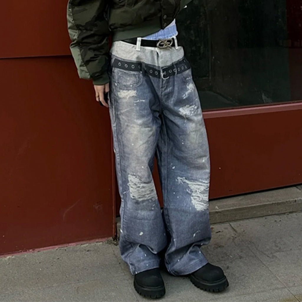 GRAILZ Project G/R   Men's Printed Denim Pants Old High Street Vintage Jeans Loose Wide Leg Straight Trousers #81387