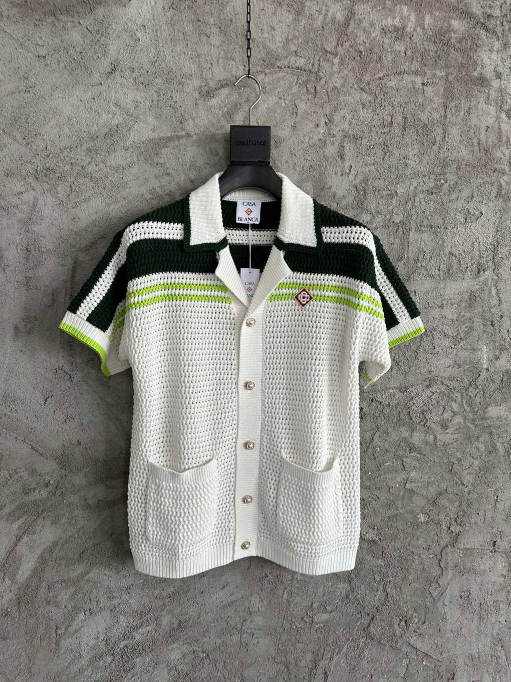 Casablanca Men's Summer Solid Color Skeleton Knit Breathable Single Breasted Short Sleeved Shirt Drawstring Tie Casual Knit Shorts Suit Set #76526
