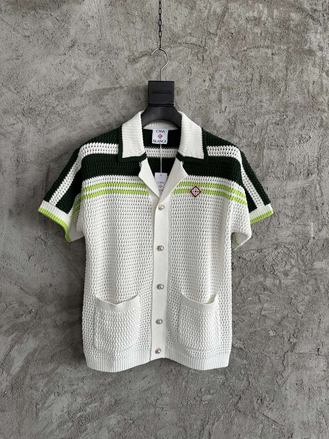 Casablanca Men's Summer Solid Color Skeleton Knit Breathable Single Breasted Short Sleeved Shirt Drawstring Tie Casual Knit Shorts Suit Set #76526