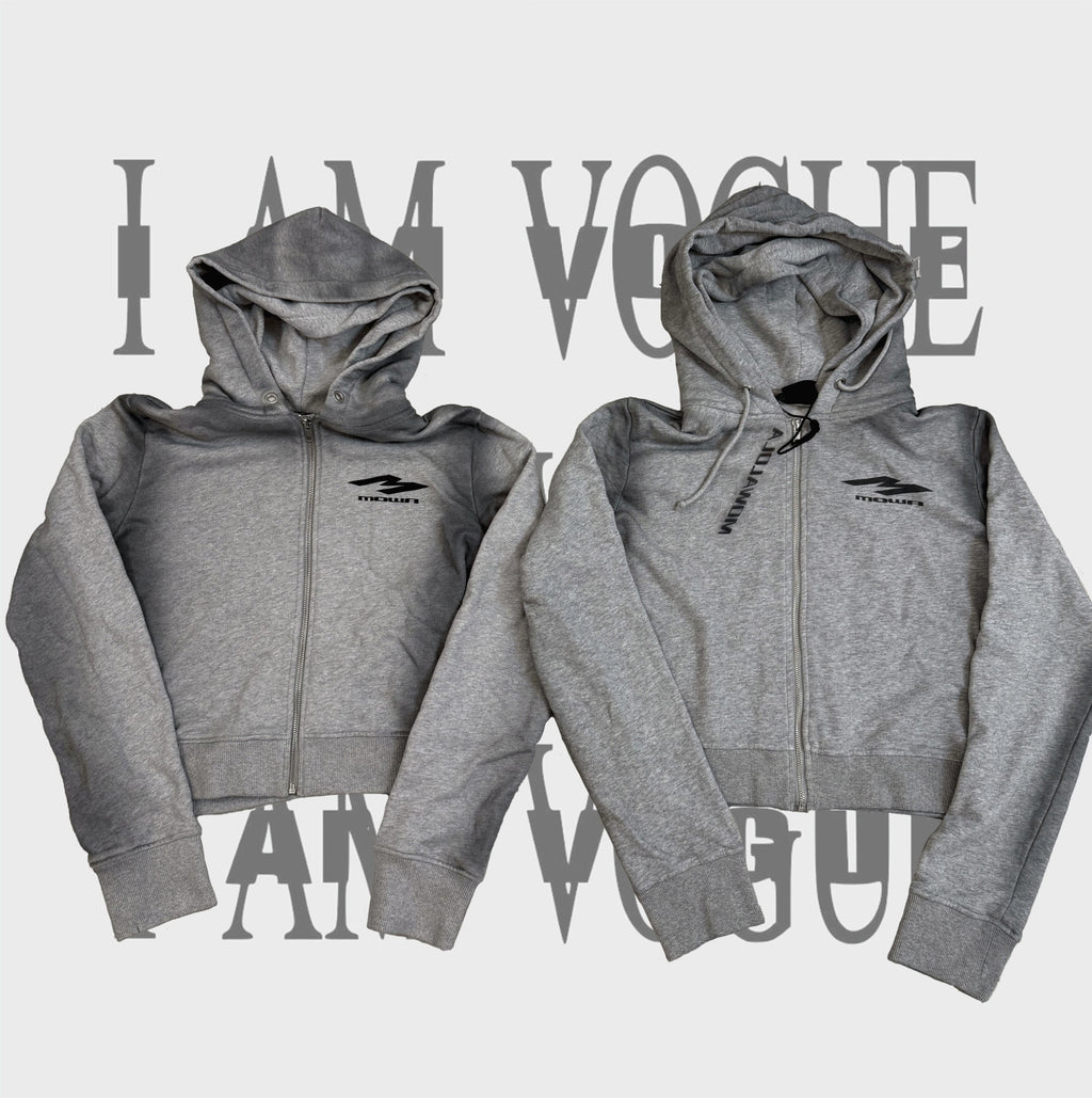 Mowalola Men's Fall And Winter Gray Dirty White Do Old Doublelayer Hooded Zipper Short Sweater High Street Casual Trend Jacket Ngvp #2413