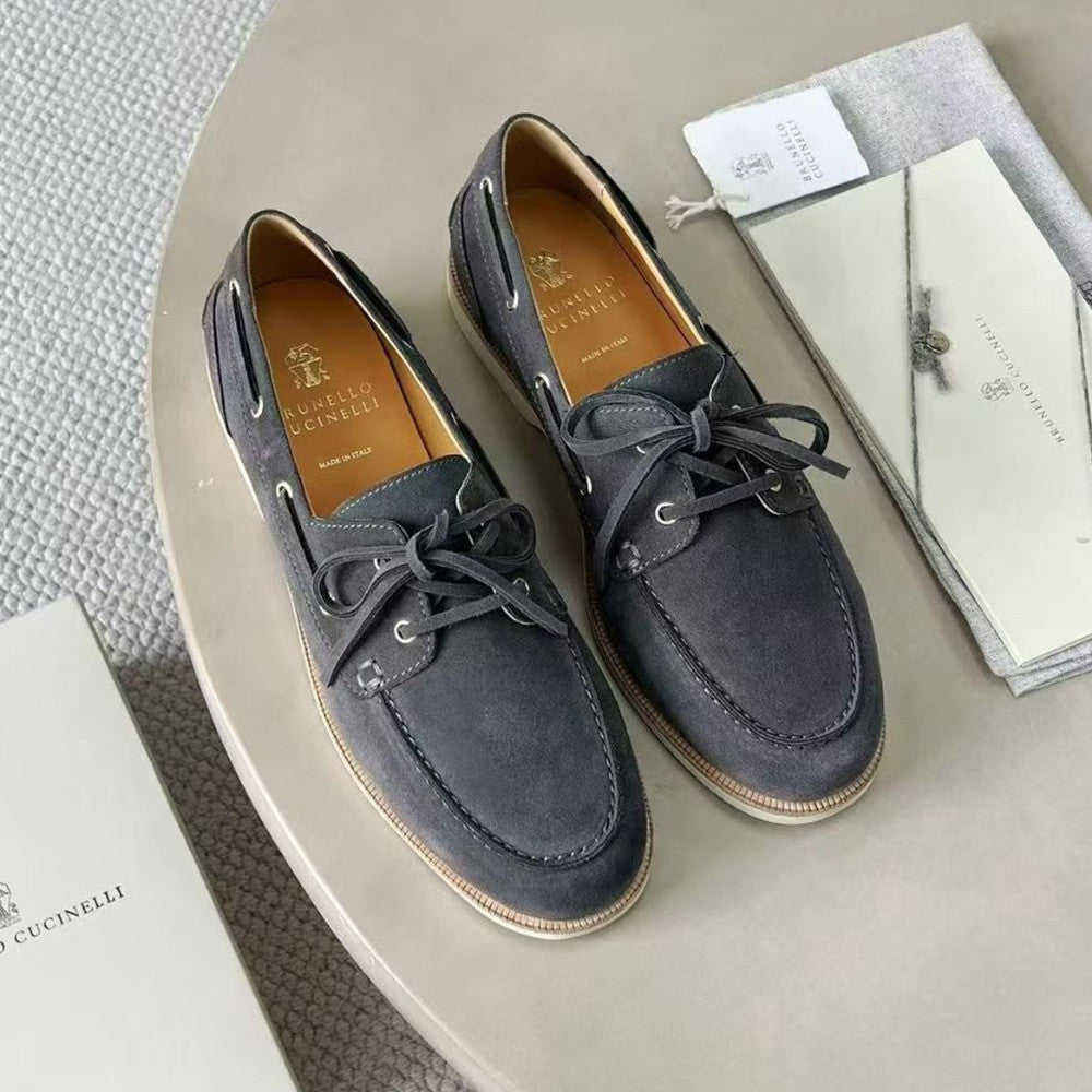 Brunello Cucinelli Men's Washed Suede Boat Shoes. Four-Season Solid Color Round Toe Lace-Up Low-Top Casual Shoes Ngvp #2125