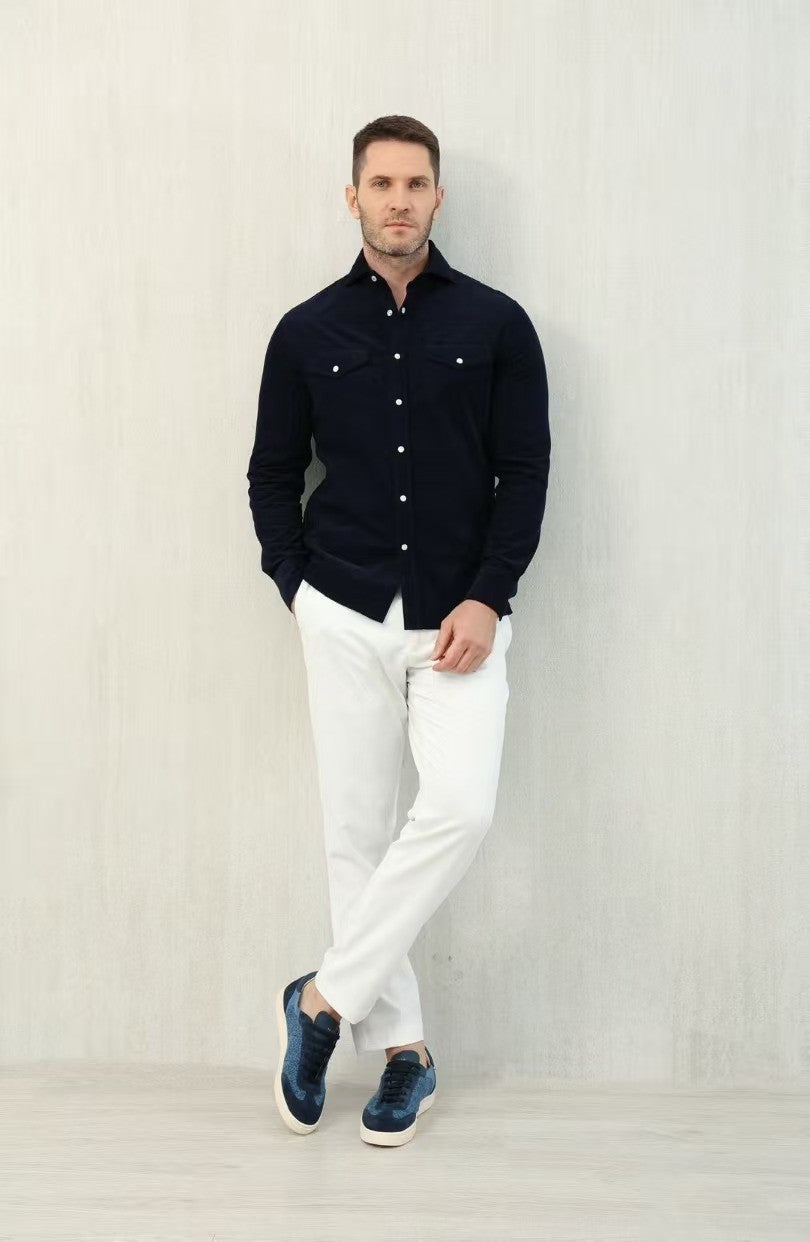 Brunello Cucinelli Men's Spring And Fall Cotton Lapel Solid Color Single-Breasted Chest Pocket Long Sleeve Fitted Shirt Ngvp #1557