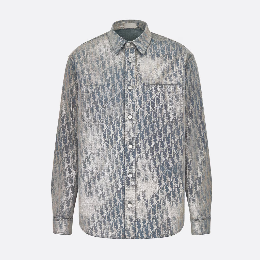 Dior Men's Autumn And Winter Grey Logo Full Print Old Single-Breasted Long-Sleeved Shirt #72813