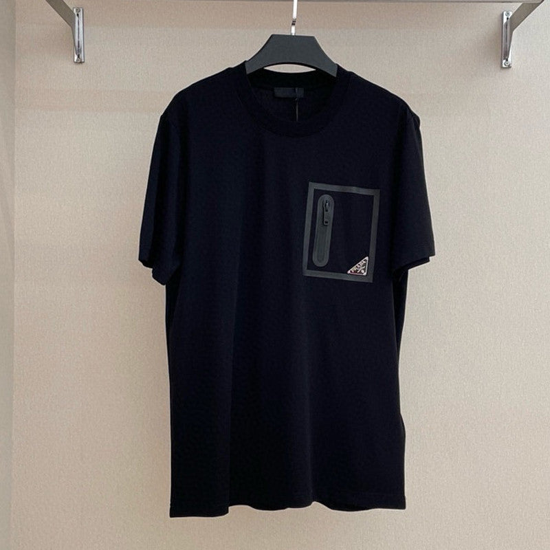 Prada Men's And Women's Summer Solid Color Zipper Pocket Round Neck Cotton Short Sleeve T-shirt #72155