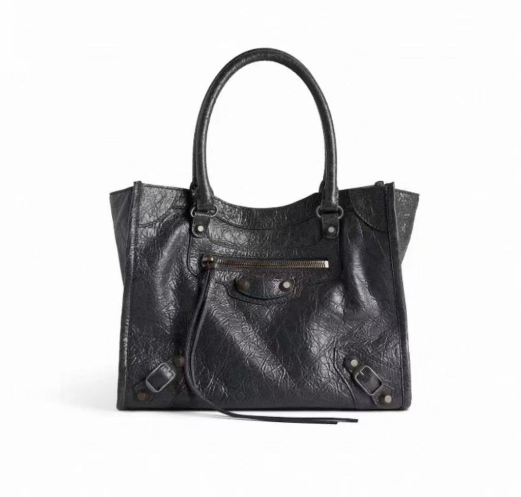 Balenciaga Le City Vertical Tote Bag Motorcycle Bag Cracked Old Retro Rivet Tassel Zipper Commuting Casual Bag #332658