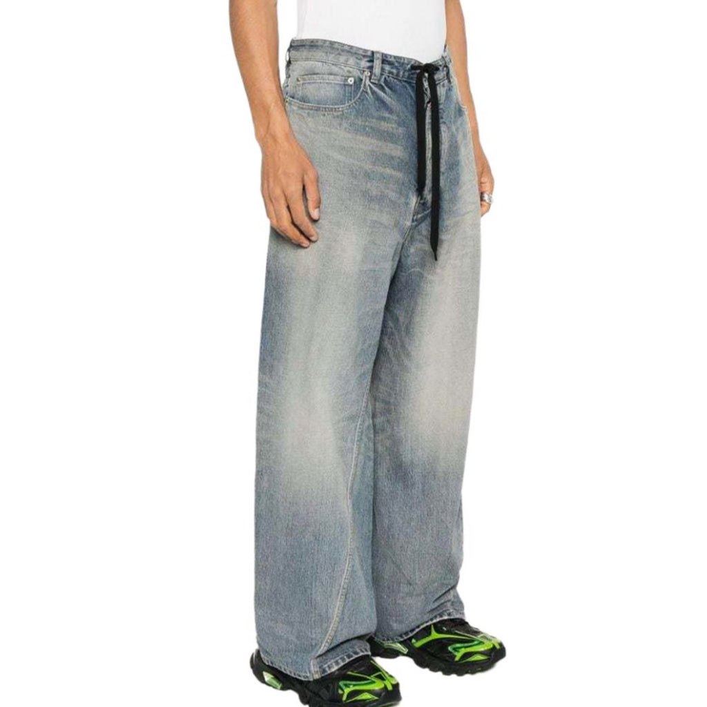 Balenciaga Men's And Women's Seasonal Lace Up Waistband Vintage Broken High Street Gradient Straight Leg Jeans Pants Ngvp #8765