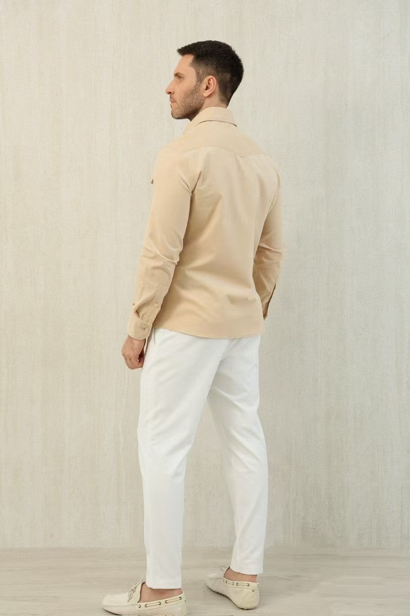 Brunello Cucinelli Men's Spring And Fall Cotton Lapel Solid Color Single-Breasted Chest Pocket Long Sleeve Fitted Shirt Ngvp #1557