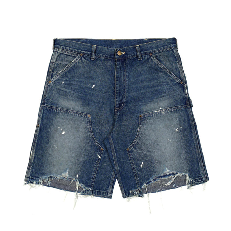 Saint Michael Men's And Women's Summer Distressed Vintage Loose-Fit Denim Shorts Solid Color Straight Leg Splash Print Hem Ripped Shorts Ngvp #2275