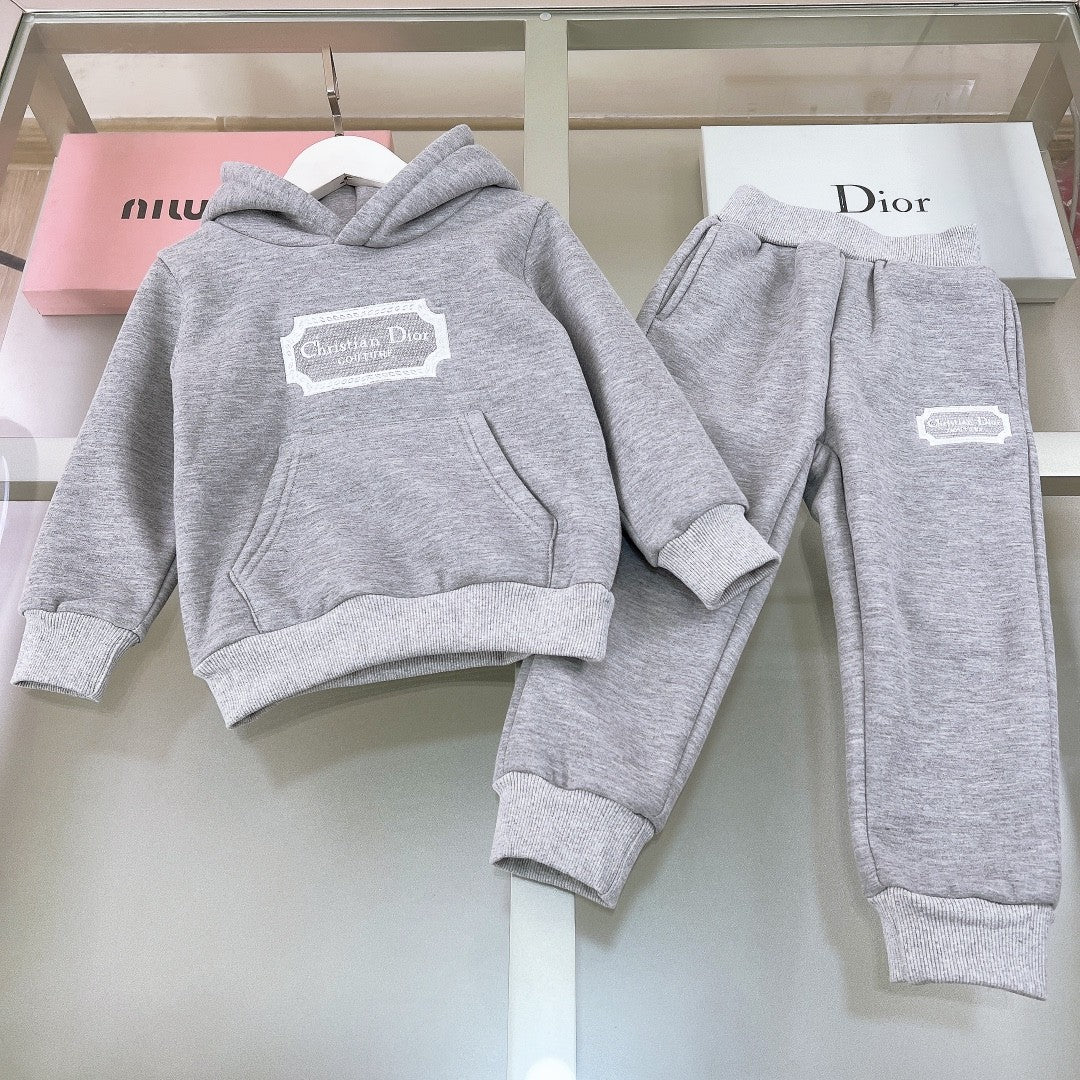 Dior Kid's Spring And Autumn Gray Letter Embroidery Hooded Long Sleeve Cotton Sweatshirt Drawstring Knit Track Pants Set #31245