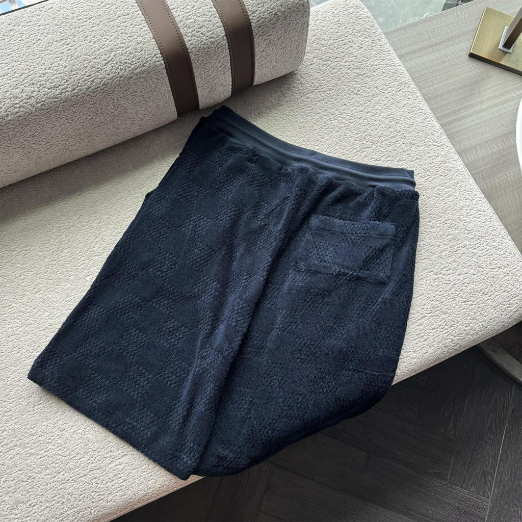 Louis Vuitton Men's Summer Solid Color Checkered Print Cotton Terry Cloth Drawstring Shorts #77876