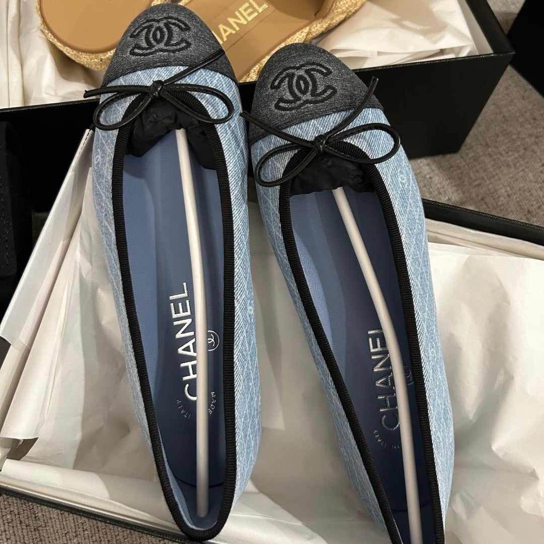 Chanel Women's Spring/Summer Solid Color Striped Printed Denim Ballet Flats Shoes #77258