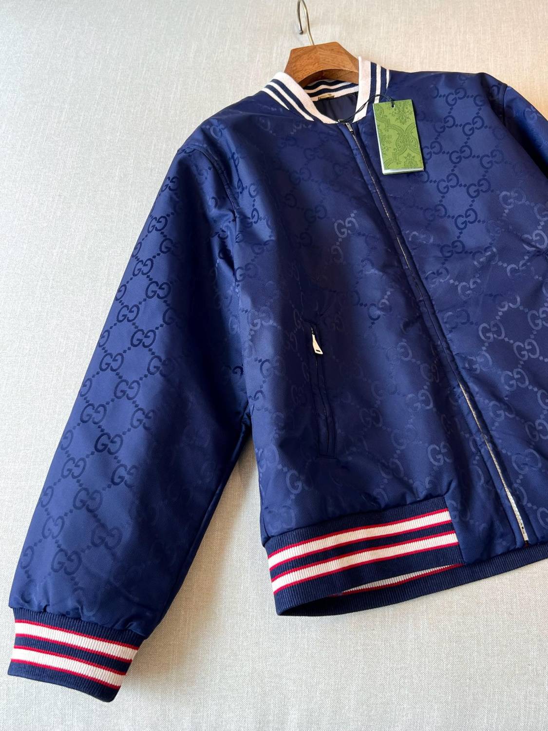 Gucci Men's Spring and Autumn Navy Reversible Round Neck Zipper Sport Long Sleeve Jacket #73214