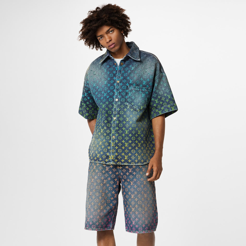 Louis Vuitton Rainbow Monogram Embroidered Short Sleeve Denim Shirt Straight Shorts Fashion Casual Suit Set #71411