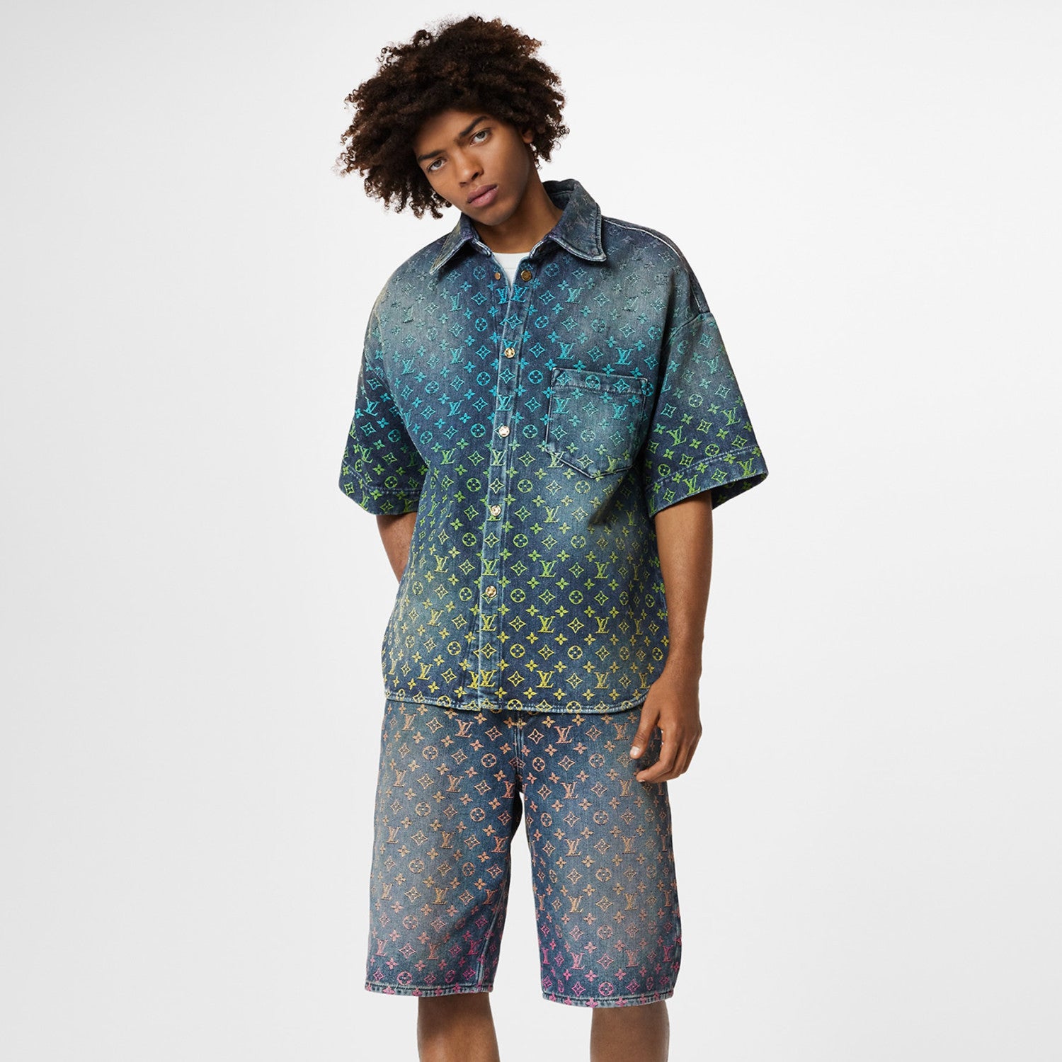 Louis Vuitton Rainbow Monogram Embroidered Short Sleeve Denim Shirt Straight Shorts Fashion Casual Suit Set #71411