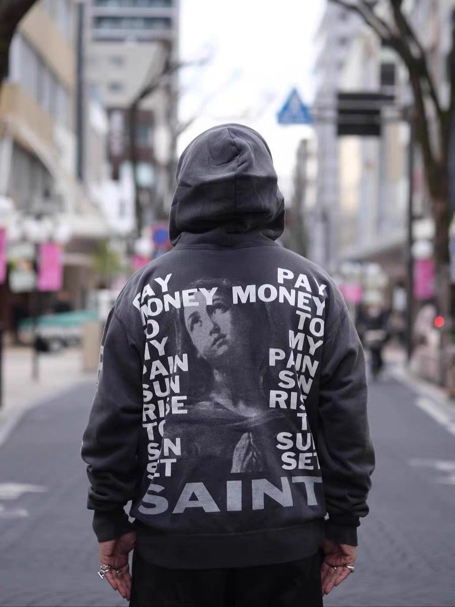 Saint Michael x Pay Money To My Pain Men's Women's Spring And Autumn Cotton Patterned Printed Long Sleeve Fitted Black Hooded Sweatshirt Ngvp #9353