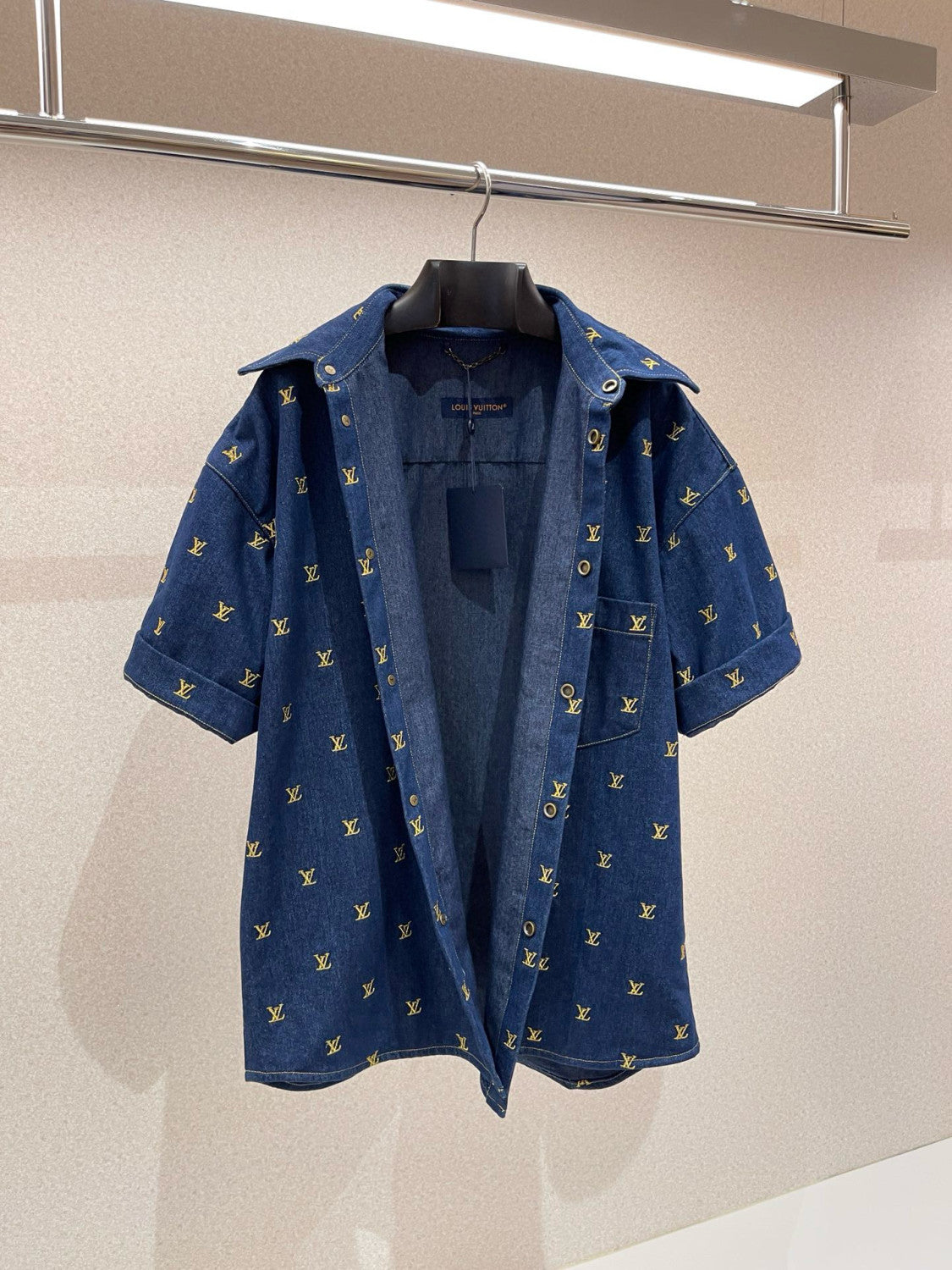 Louis Vuitton Men's Summer Logo Embroidery Blue Single Breasted Lapel Denim Short Sleeve Shirt Shorts Set Suit #98741