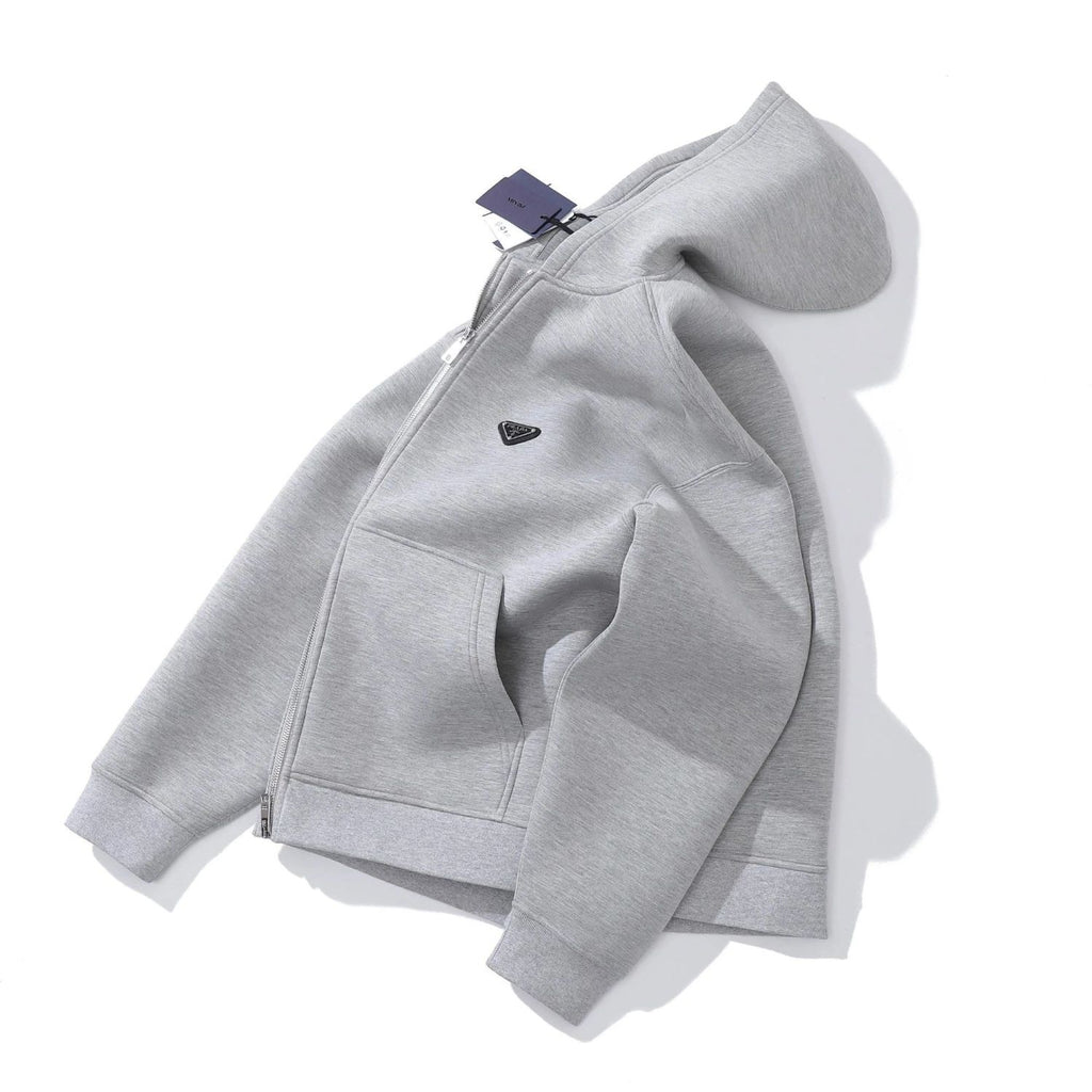Prada Men's Spring And Autumn Triangle Label Gray Zipper Loose Pocket Long Sleeve Hooded Sweatshirt Jacket #98341