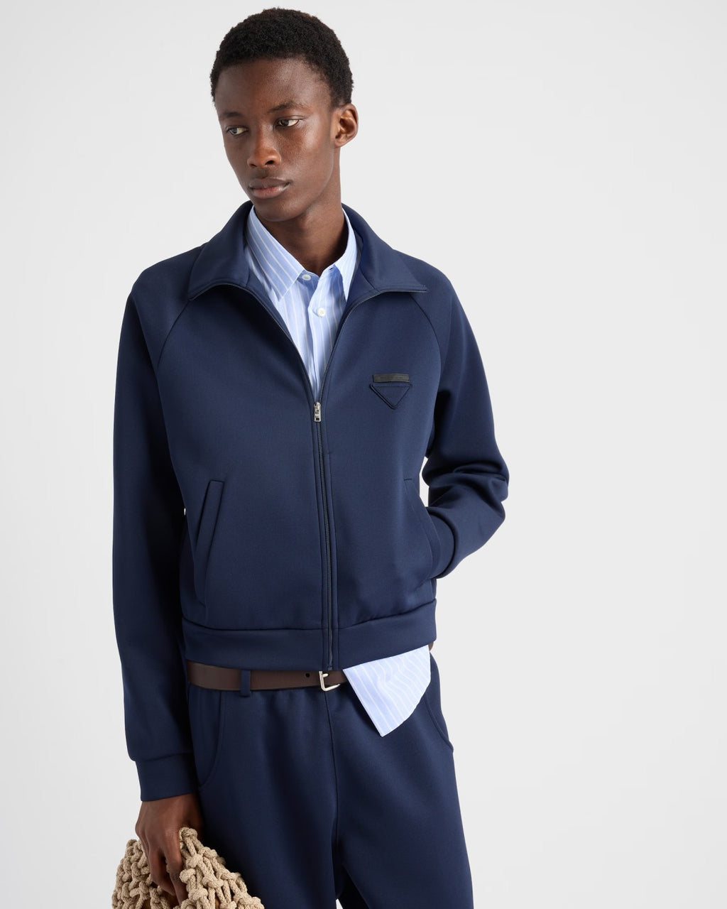 Prada Men's Spring/Fall Fashion Casual Solid Color Stand Up Collar Zipper Fabric Jacket  Solid-Color Elastic Waist Casual Suit Pants Suit Set #78677