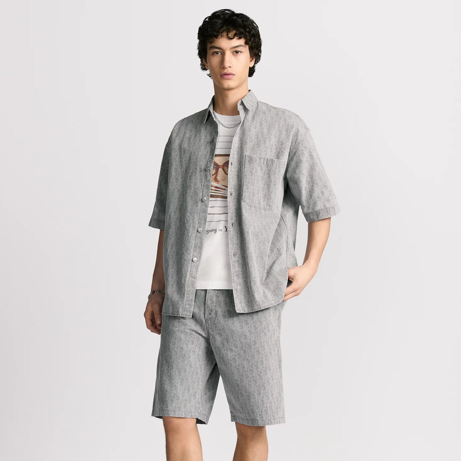 Dior Men's Spring Summer Grey Cotton Denim Oblique Printed Lapel Single Breasted Shirt Denim Straight Wide Leg Shorts Set Suit  #81256