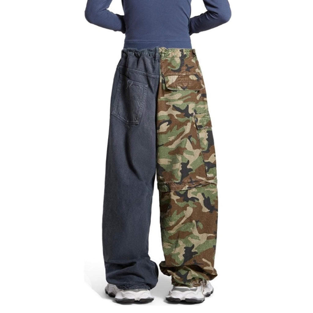 Balenciaga Men's Four Seasons Vintage Washed Camouflage Splicing Frayed Jeans Fashion High Street Straight Wide Leg Work Pants Ngvp #9121