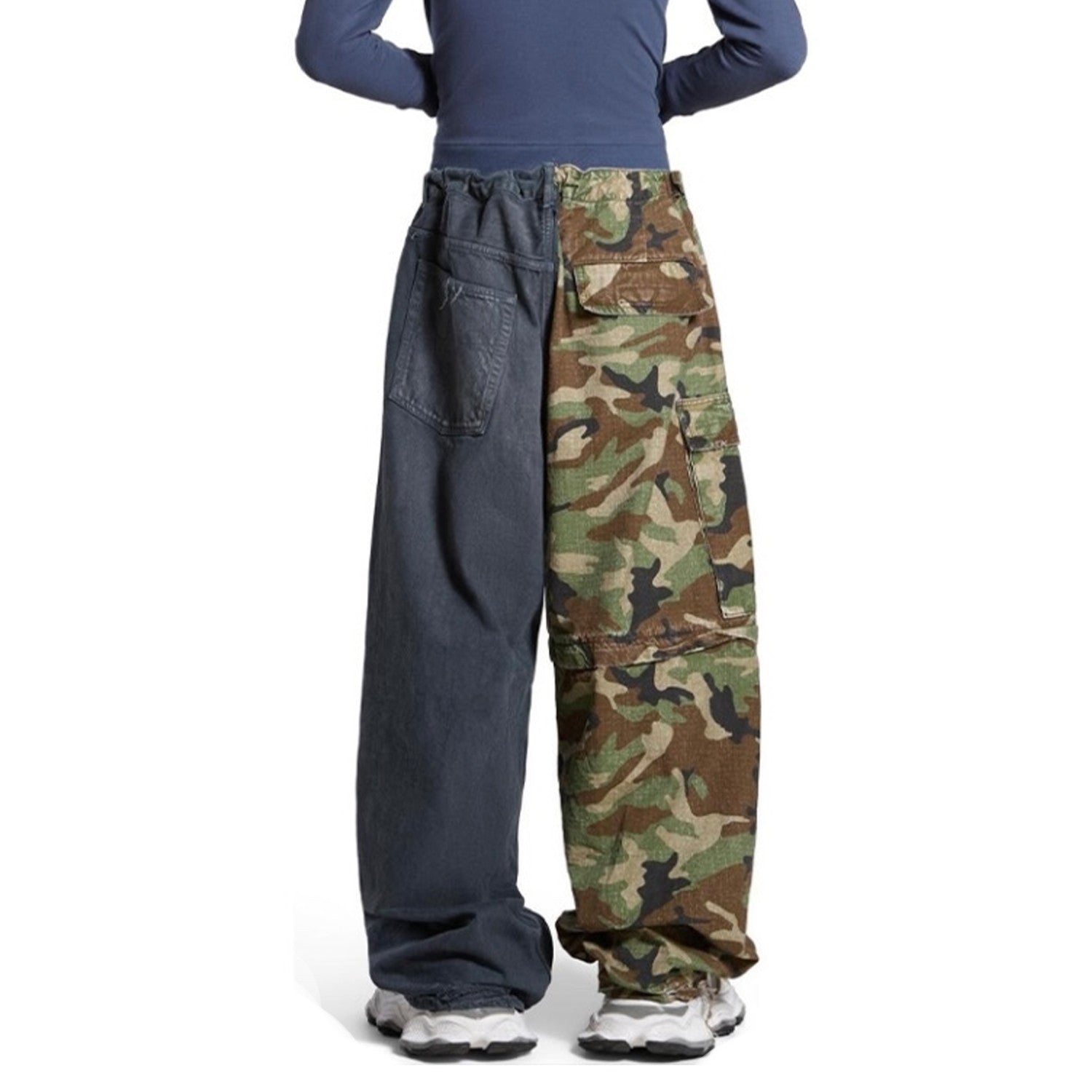 Balenciaga Men's Four Seasons Vintage Washed Camouflage Splicing Frayed Jeans Fashion High Street Straight Wide Leg Work Pants Ngvp #9121