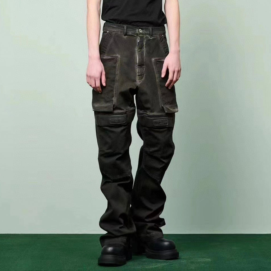 Rick Owens Men's Spring and Autumn Retro Washed and Worn Out Multi Pocket Workwear Pants Casual Wide Leg Pants Ngvp #8617