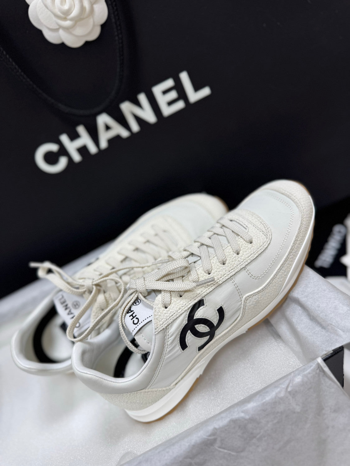 CHANEL Trainers Fabric Embossed Suede Calfskin White Black #381215