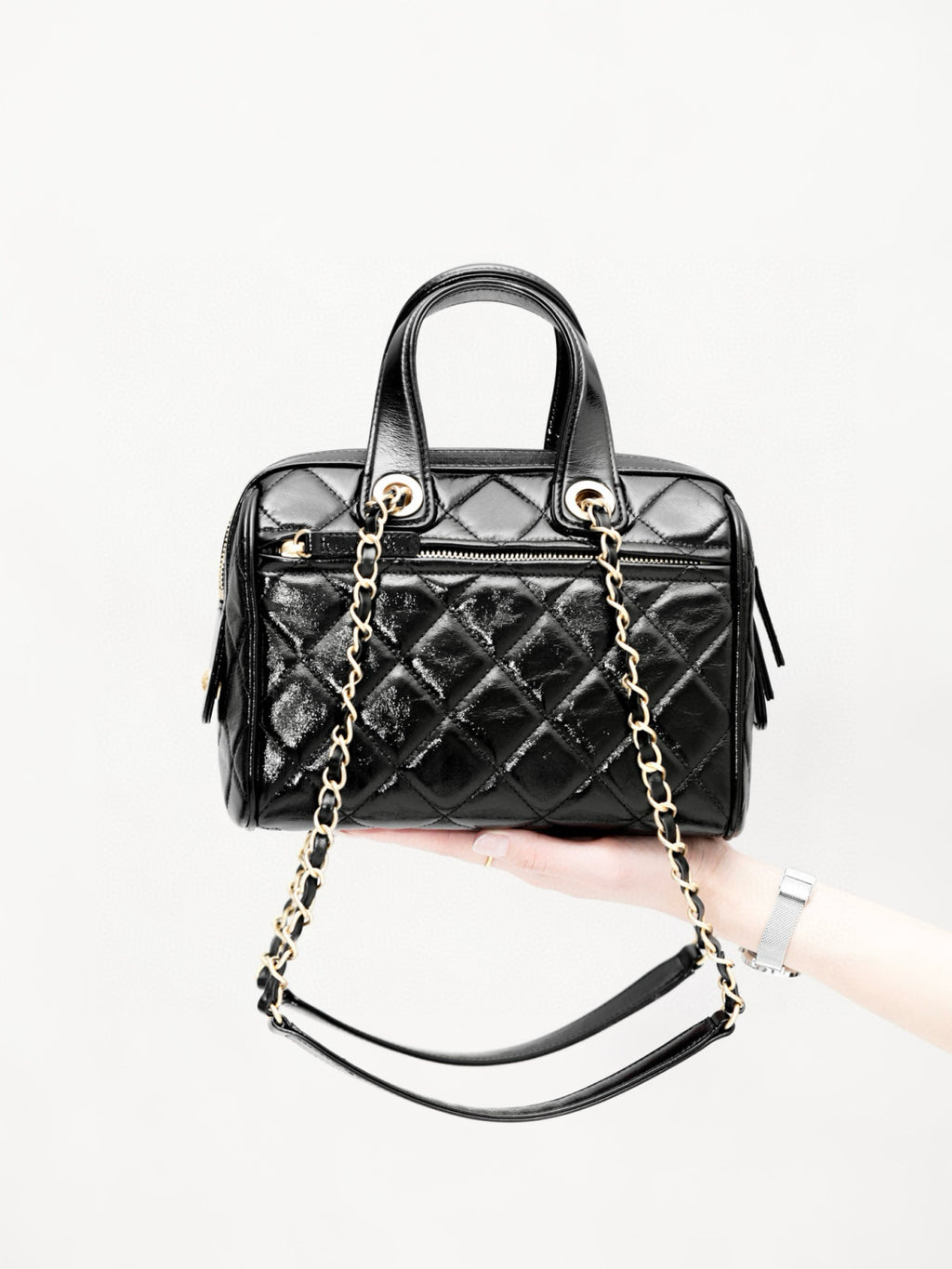 Chanel Women's Solid Color Lacquered Grained Calfskin Handbag Shoulder Bag Bowling Bags #77763