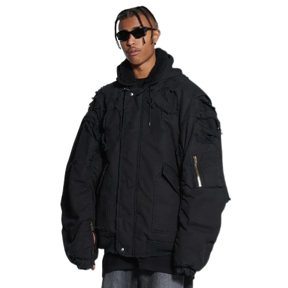 Balenciaga Men's Big Destruction Distressed Flight Suit Hooded Lamb collar zippered jacket #332593