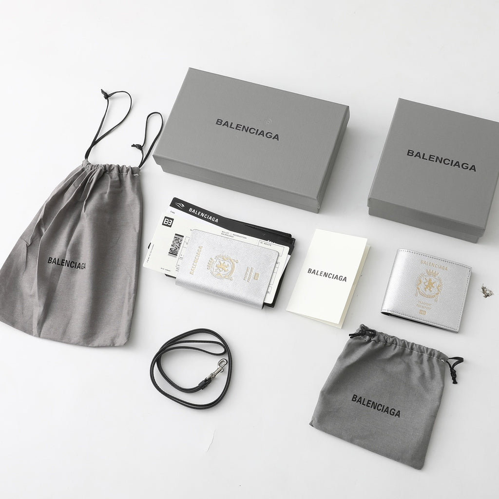 Balenciaga Spring New Product: Passport Aircraft Phone Lanyard Bag Silver And Black Glossy Leather Passport Bag Airline Ticket Wallet Bags #195348