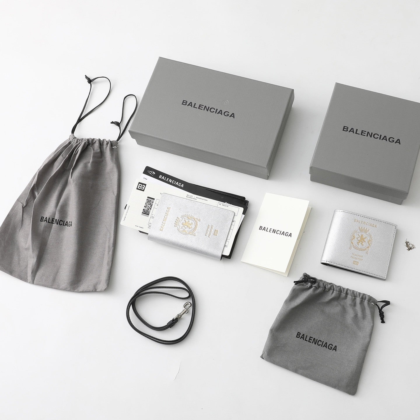 Balenciaga Spring New Product: Passport Aircraft Phone Lanyard Bag Silver And Black Glossy Leather Passport Bag Airline Ticket Wallet Bags #195348