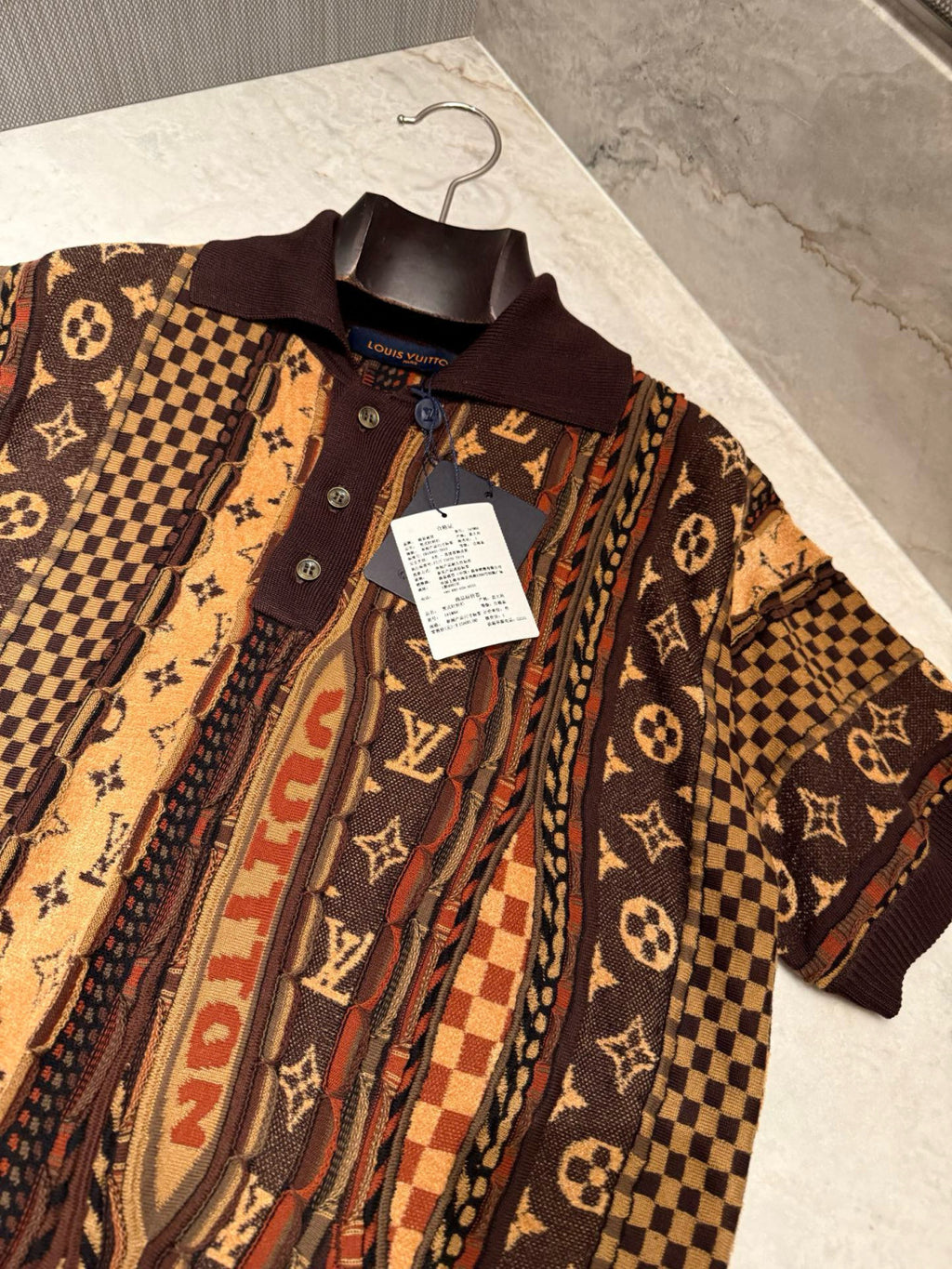 Louis Vuitton Men's Summer Logo Jacquard Knit Cotton-Blend Vintage Twist-Knit Short-Sleeve Polo T-Shirt #79424