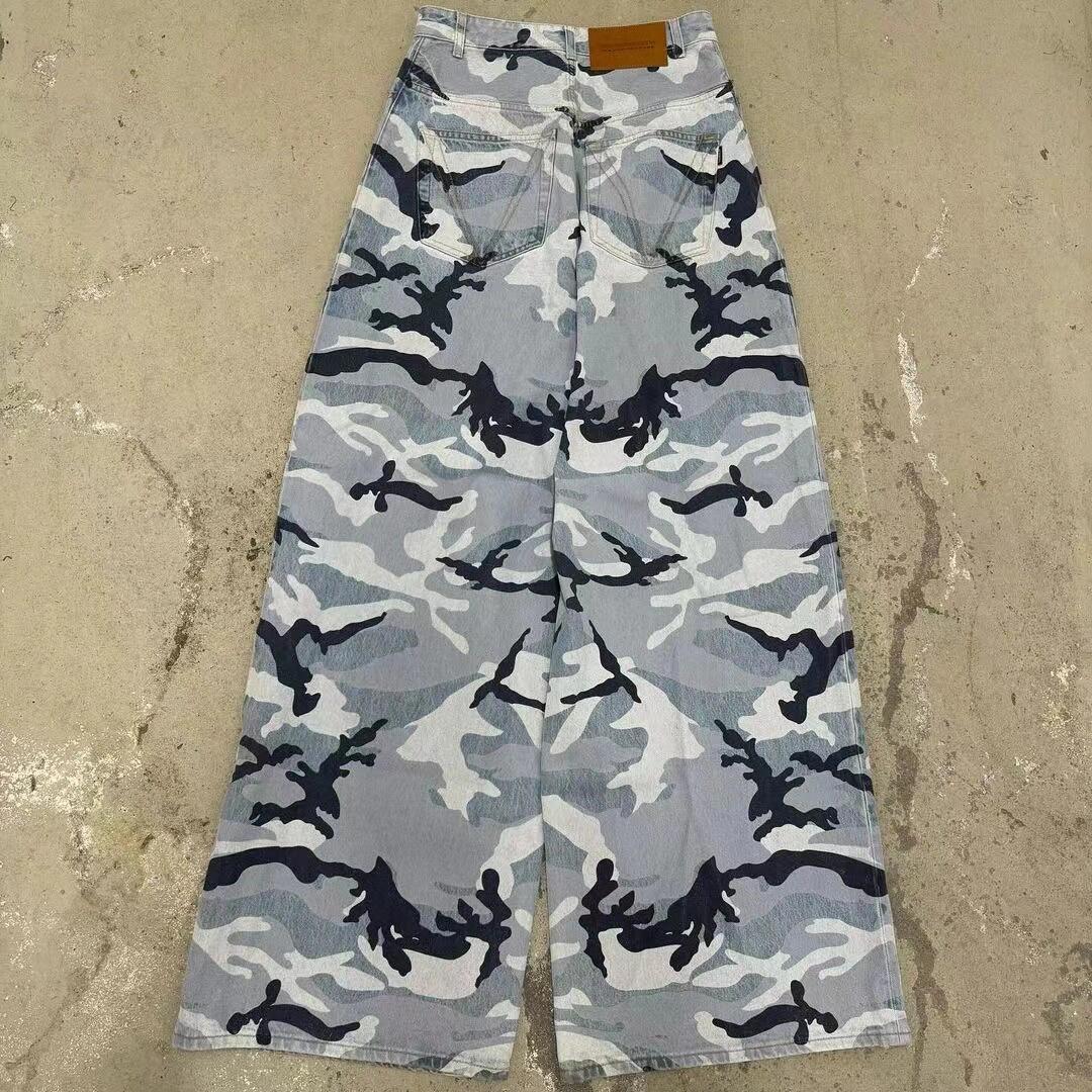 Vetements Men's Four Seasons Fashion Snow Camouflage Blue Casual Button Fitted Straight Leg Denim Pants Ngvp #8643