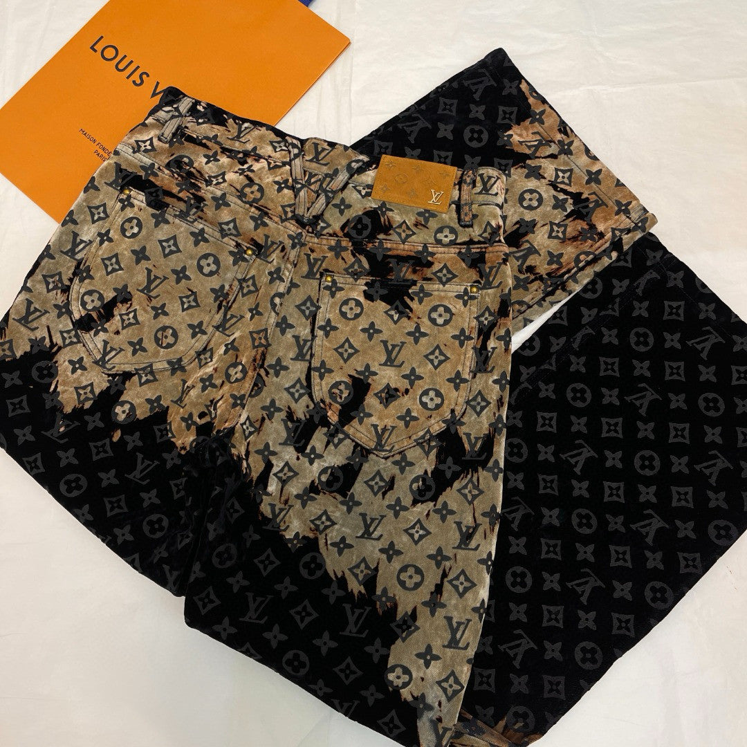 Louis Vuitton Men's Autumn and Winter Pattern Printed Lapel Single Breasted Denim Jacket Jeans Pants Set Suit #97775