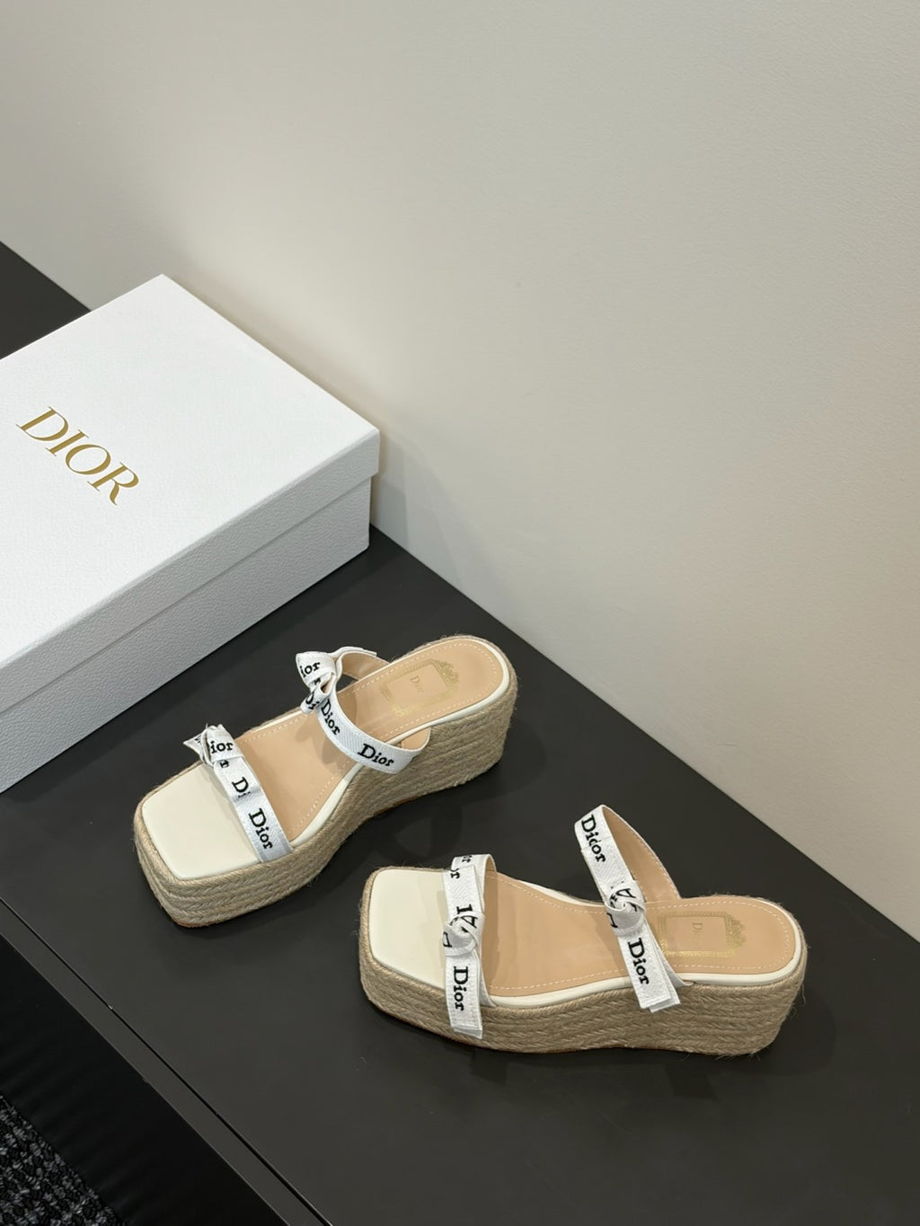 DIOR J Adior Wedge Slide with Straps White Embroidered Cotton and Natural Raffia #386876