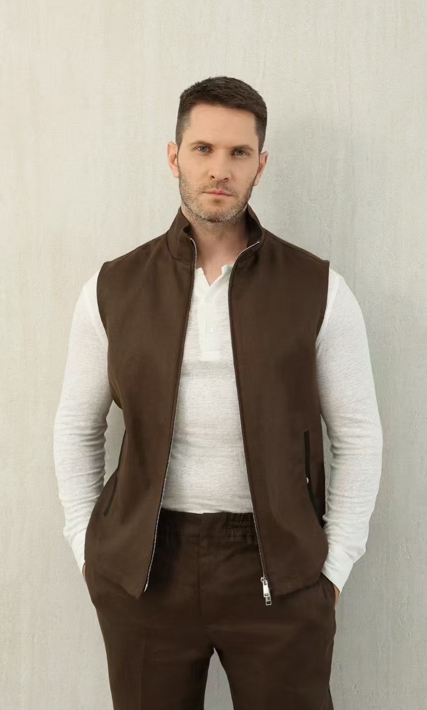 Ermenegildo Zegna Men's Spring And Autumn Solid Color Standing Collar Zipper Fit Sleeveless Vest Jacket Ngvp #1168