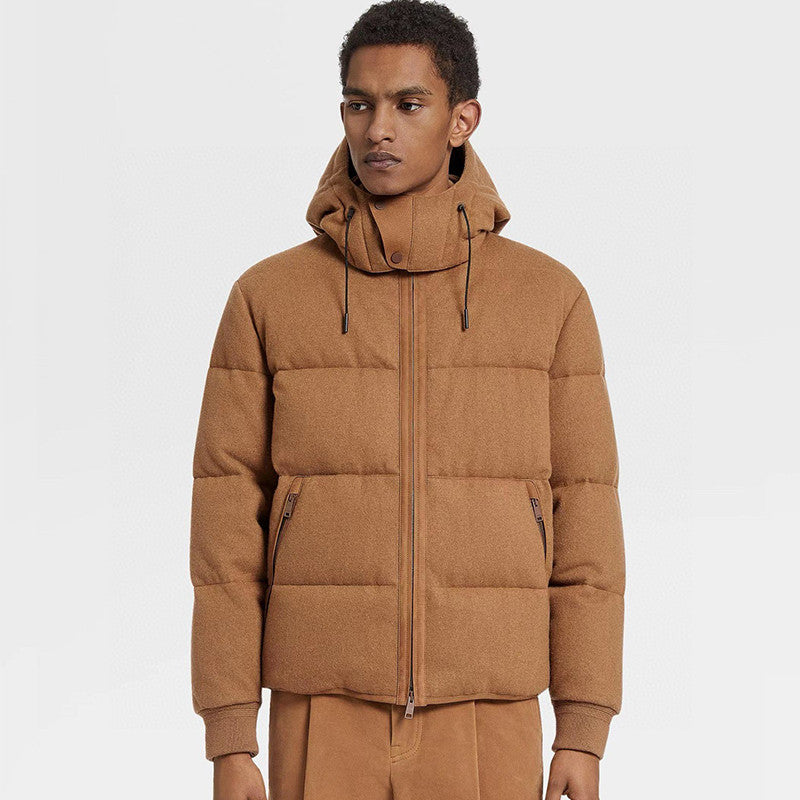 Ermenegildo Zegna  Men's Autumn And Winter Solid Color Standing Collar Zipper Removable Hood Knitted Wool Down Jacket  Ngvp #7417