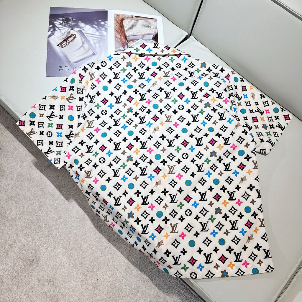 Louis Vuitton Men's Summer Logo Full Print Single Breasted Short Sleeve Shirt Elasticated Waist Shorts Suit Set #99155