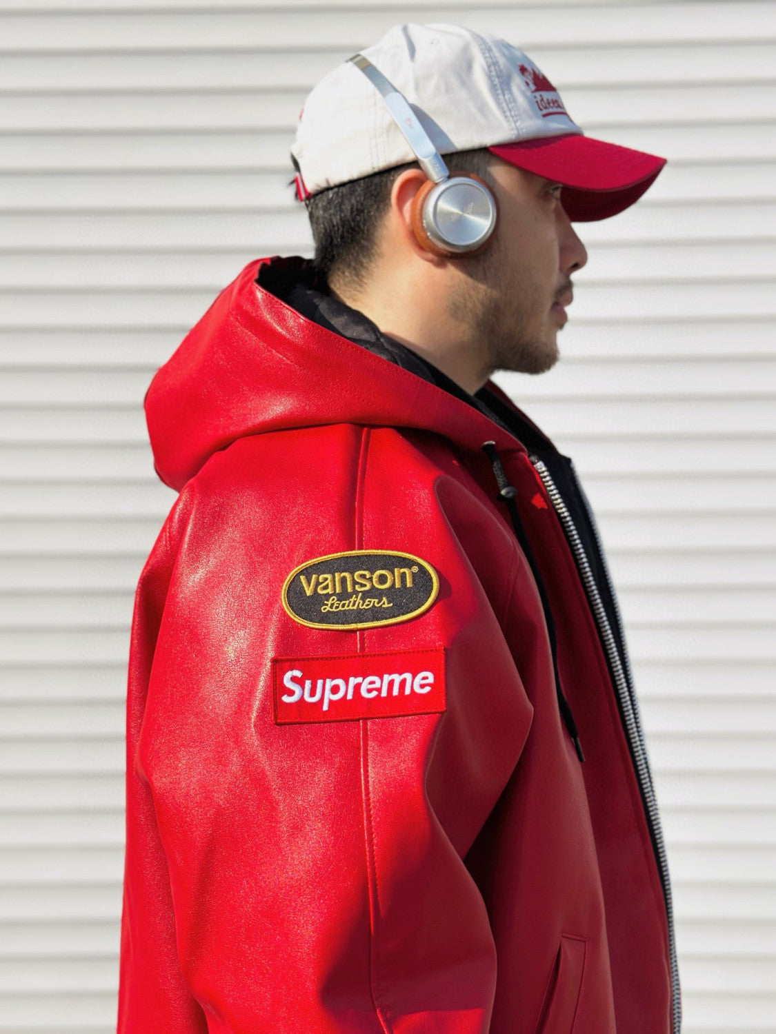 Supreme x Vanson Leathers Men's and Women's Spring and Fall Sleeve Logo Embroidered Patch Zipper Closure Hooded Leather Jacket #75186