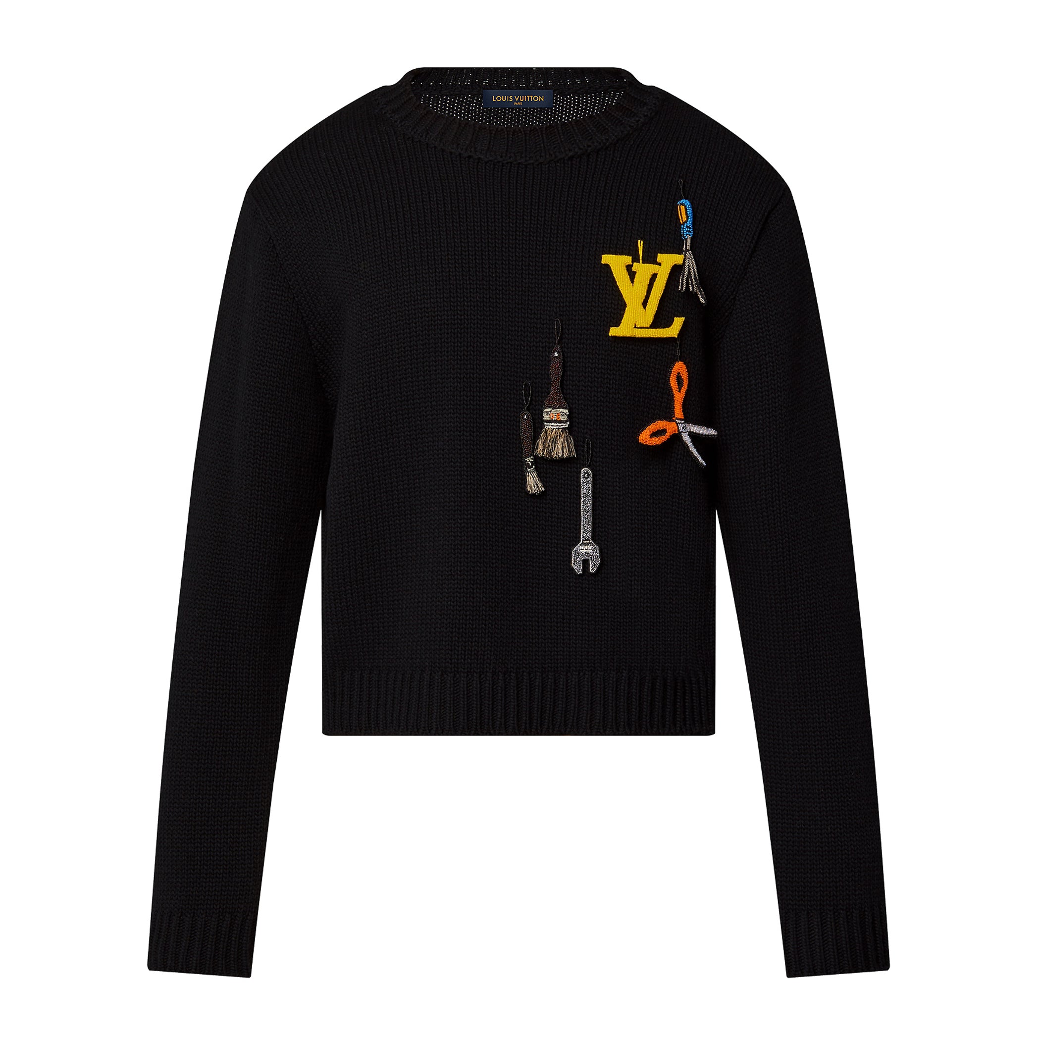 Louis Vuitton Men's Autumn and Winter Black Embroidered Letter Logo Tool Pattern Round Neck Long Sleeve Sweater Pullover #73158