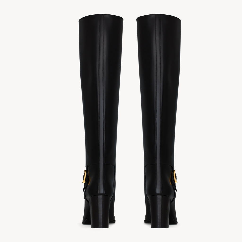 Saint Laurent JULIA Women's Fall/Winter Solid Color Fashion Classic Leather Knee-High Boots. Chunky Heel Shoes Heel Height 7cm Boot Shoes #79217