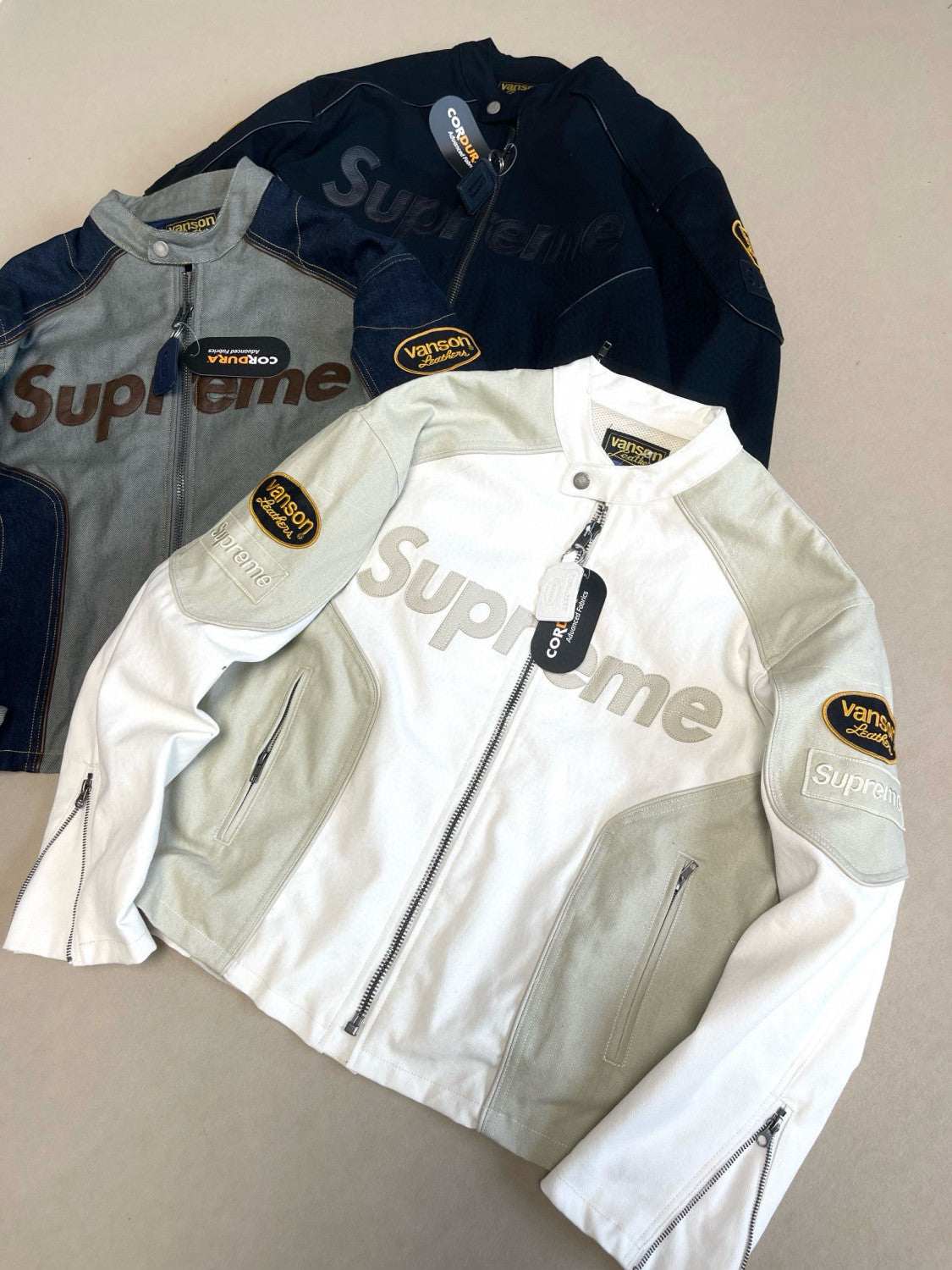 Supreme x Vanson Leathers x Cordura Men's And Women's Spring/Fall Fashion Casual High Neck Leather Logo Zipper Patchwork American Style Jacket #78582