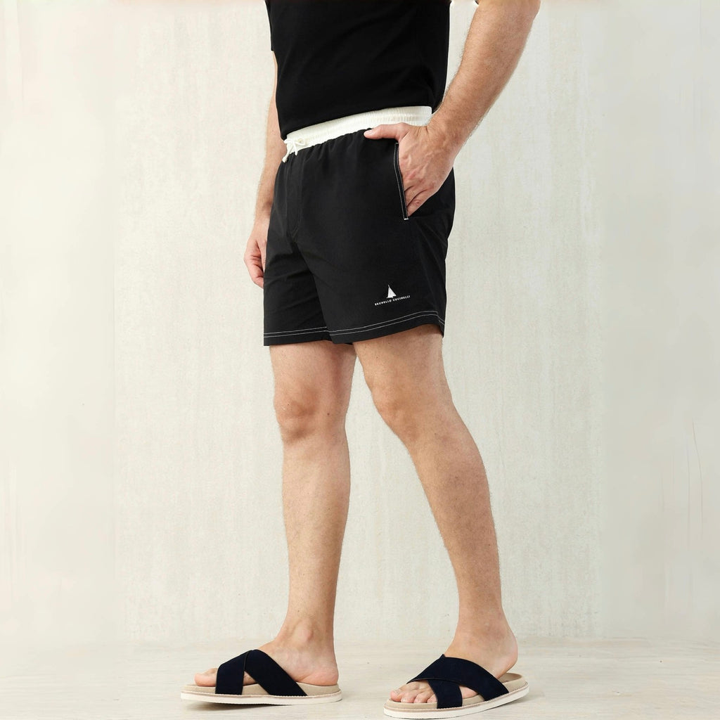 Brunello Cucinelli  Nylon Swim Shorts With Contrast Details And Print Men's Spring Summer Holiday Beach Shorts Colour Block Fashion Casual Pants #77277